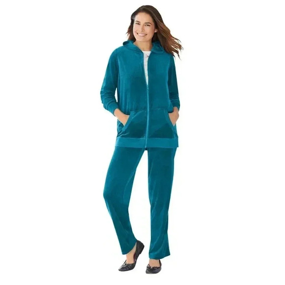 Woman Within Teal Velour Track Suit Pants- 1X 22/24 Top 2X Bottoms - Picture 1 of 11